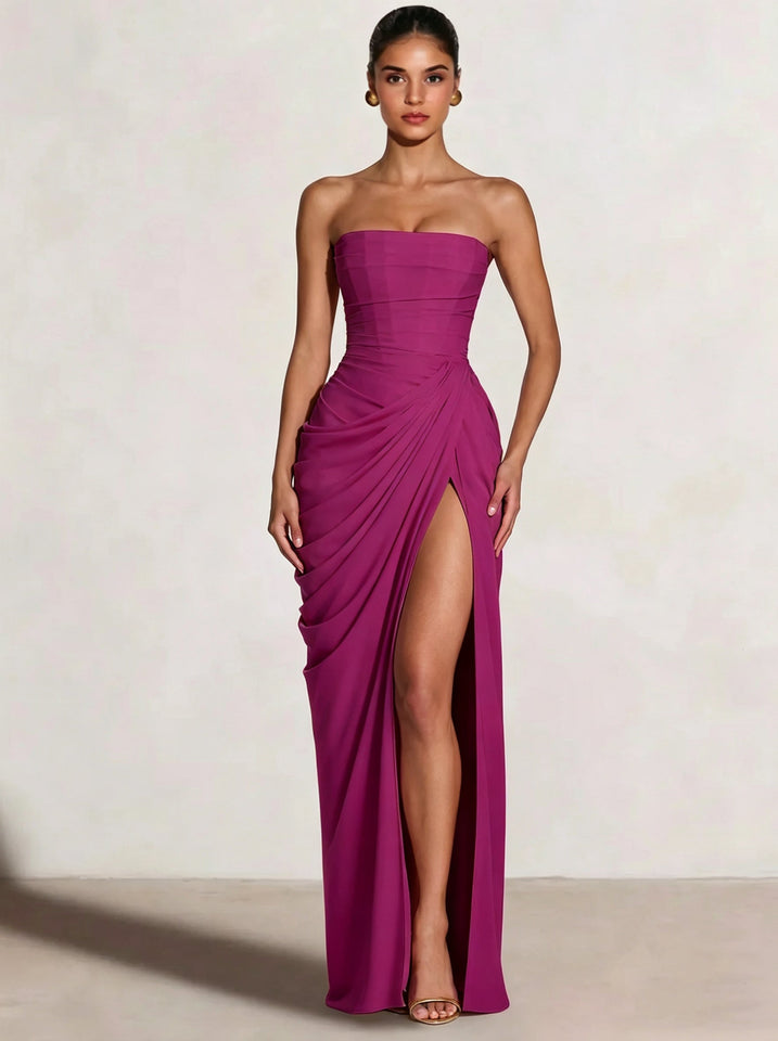A-Line/Princess Prom Dresses Strapless  Floor-Length Side Split With Back Lace-Up Long Prom Dresses