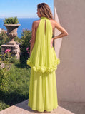 A-Line Formal Dresses Chiffon Halter Neck 3D Flower Floor-Length Sleeveless Tent Dress Wedding Guest