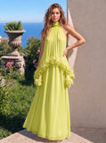 A-Line Formal Dresses Chiffon Halter Neck 3D Flower Floor-Length Sleeveless Tent Dress Wedding Guest