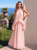 A-Line Formal Dresses Chiffon Halter Neck 3D Flower Floor-Length Sleeveless Tent Dress Wedding Guest