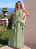 A-Line Formal Dresses Chiffon Halter Neck 3D Flower Floor-Length Sleeveless Tent Dress Wedding Guest