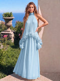 A-Line Formal Dresses Chiffon Halter Neck 3D Flower Floor-Length Sleeveless Tent Dress Wedding Guest