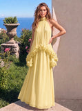 A-Line Formal Dresses Chiffon Halter Neck 3D Flower Floor-Length Sleeveless Tent Dress Wedding Guest