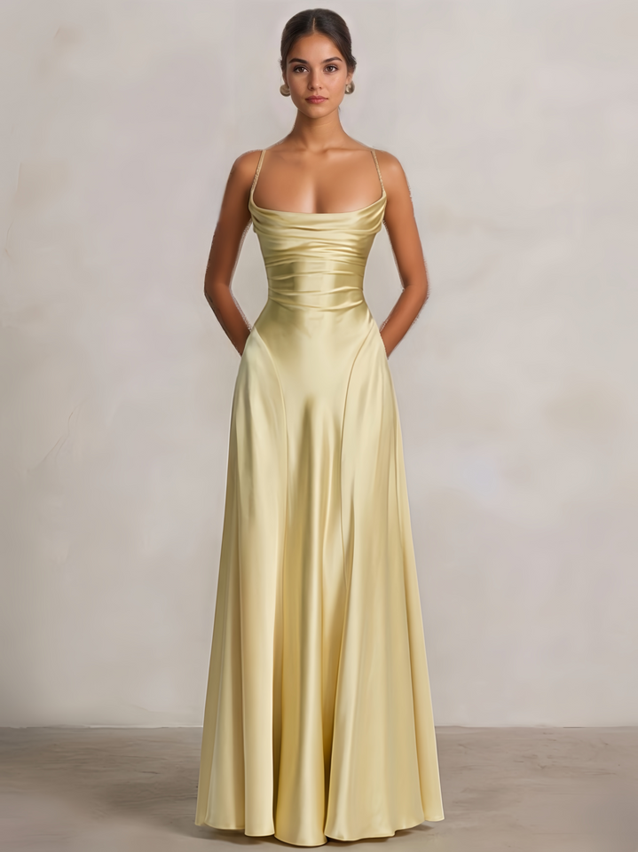 A Line/Princesses Prom Satin Dresses Spaghetti Straps Floor-Length Formal Dress Wedding Guest With Back Lace Up