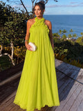 A-Line/Princess Formal Dresses Chiffon Halter With 3D Flowers Sleeveless Floor-Length Pleated Tent Dresses