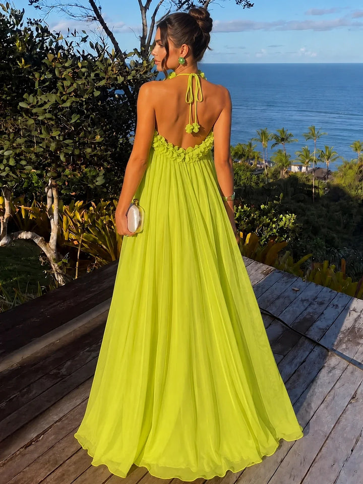 A-Line/Princess Formal Dresses Chiffon Halter With 3D Flowers Sleeveless Floor-Length Pleated Tent Dresses