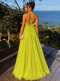 A-Line/Princess Formal Dresses Chiffon Halter With 3D Flowers Sleeveless Floor-Length Pleated Tent Dresses