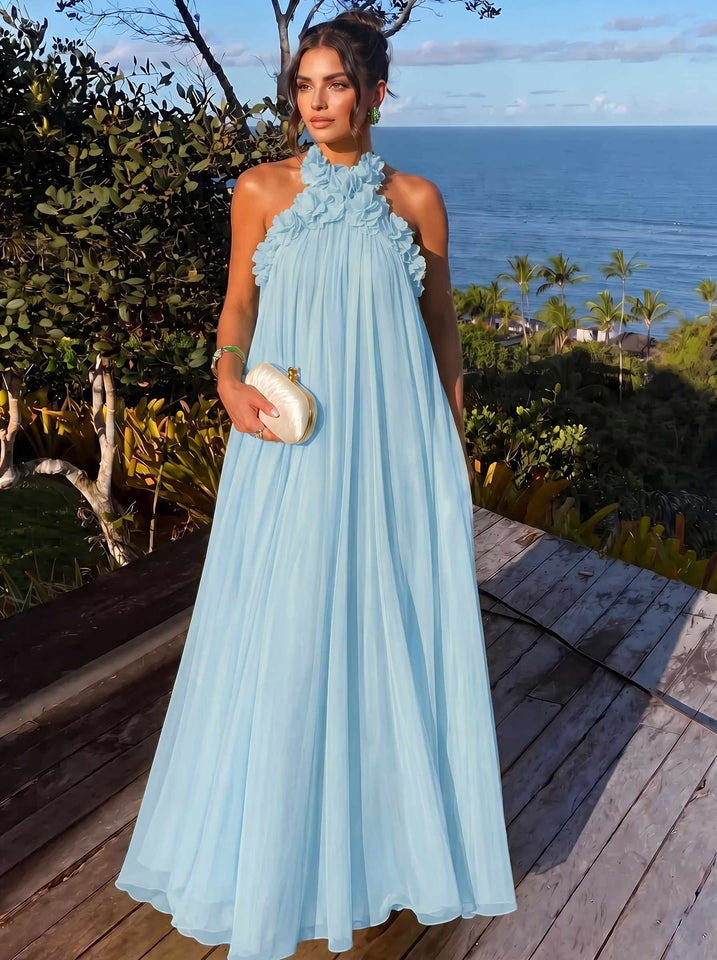 A-Line/Princess Formal Dresses Chiffon Halter With 3D Flowers Sleeveless Floor-Length Pleated Tent Dresses