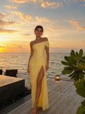 A-Line/Princess Long Prom Dresses Floor-Length One Shoulder With High Split Prom Dresses