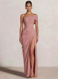 A-Line/Princess Long Prom Dresses Floor-Length One Shoulder With High Split Prom Dresses