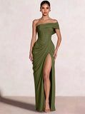 A-Line/Princess Long Prom Dresses Floor-Length One Shoulder With High Split Prom Dresses