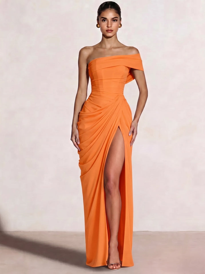 A-Line/Princess Long Prom Dresses Floor-Length One Shoulder With High Split Prom Dresses