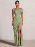 A-Line/Princess Long Prom Dresses Floor-Length One Shoulder With High Split Prom Dresses