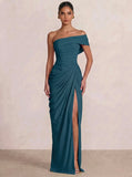 A-Line/Princess Long Prom Dresses Floor-Length One Shoulder With High Split Prom Dresses