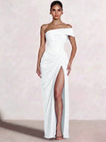 A-Line/Princess Long Prom Dresses Floor-Length One Shoulder With High Split Prom Dresses