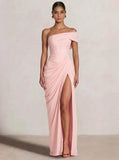 A-Line/Princess Long Prom Dresses Floor-Length One Shoulder With High Split Prom Dresses