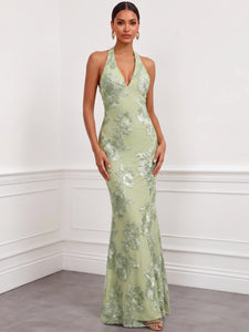 Mermaid Elegant Formal Dress Appliques Embroidery Halter Neck Sleeveless Floor-Length With Bowknot