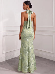 Mermaid Elegant Formal Dress Appliques Embroidery Halter Neck Sleeveless Floor-Length With Bowknot