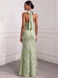Mermaid Elegant Formal Dress Appliques Embroidery Halter Neck Sleeveless Floor-Length With Bowknot