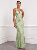 Mermaid Elegant Formal Dress Appliques Embroidery Halter Neck Sleeveless Floor-Length With Bowknot