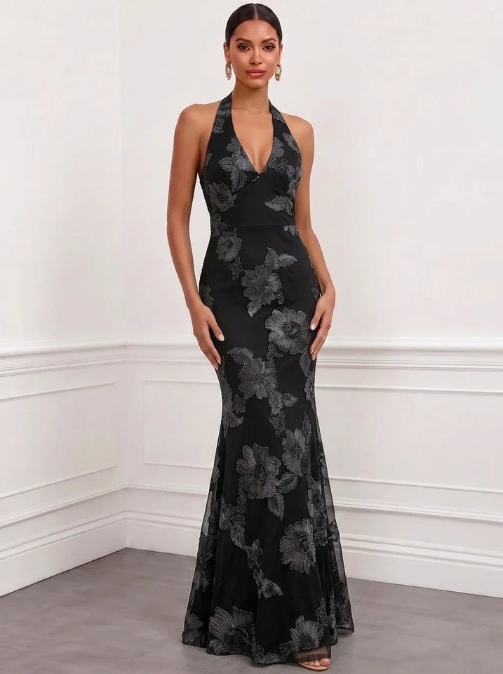 Mermaid Elegant Formal Dress Appliques Embroidery Halter Neck Sleeveless Floor-Length With Bowknot