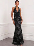 Mermaid Elegant Formal Dress Appliques Embroidery Halter Neck Sleeveless Floor-Length With Bowknot