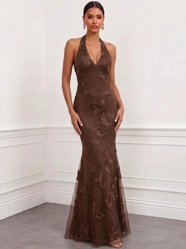 Mermaid Elegant Formal Dress Appliques Embroidery Halter Neck Sleeveless Floor-Length With Bowknot