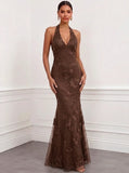 Mermaid Elegant Formal Dress Appliques Embroidery Halter Neck Sleeveless Floor-Length With Bowknot
