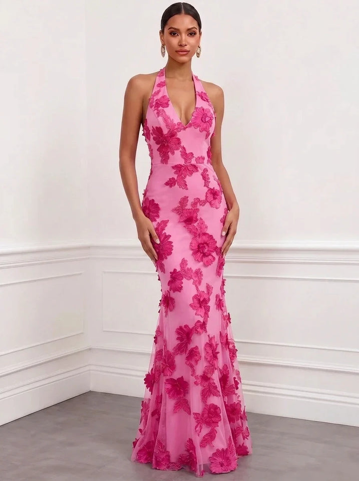 Mermaid Elegant Formal Dress Appliques Embroidery Halter Neck Sleeveless Floor-Length With Bowknot