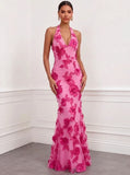 Mermaid Elegant Formal Dress Appliques Embroidery Halter Neck Sleeveless Floor-Length With Bowknot