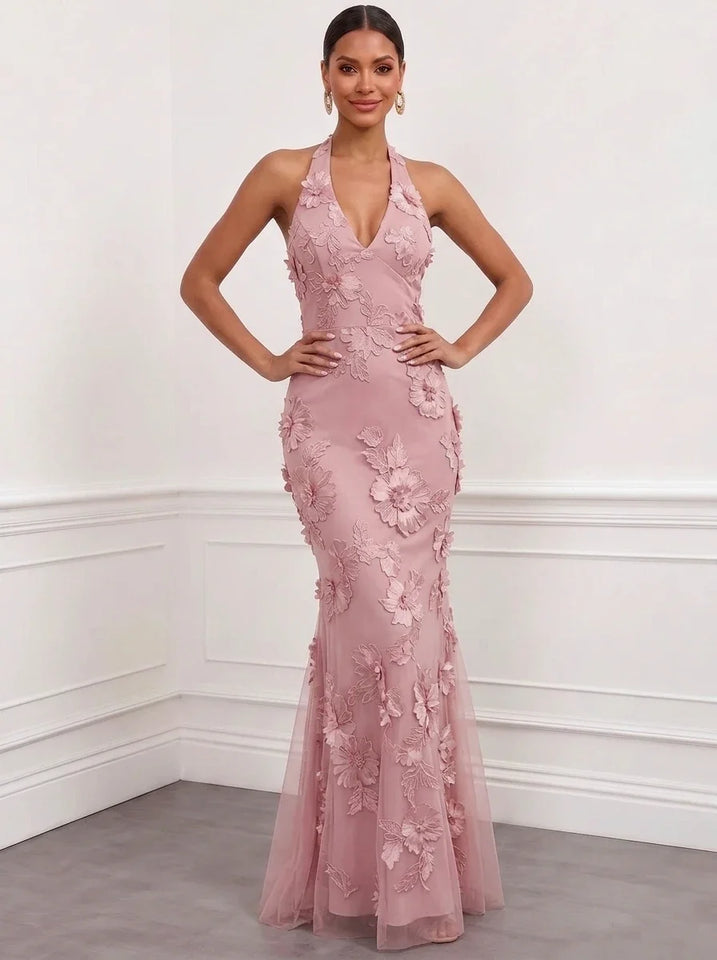 Mermaid Elegant Formal Dress Appliques Embroidery Halter Neck Sleeveless Floor-Length With Bowknot