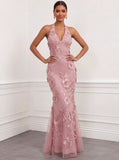 Mermaid Elegant Formal Dress Appliques Embroidery Halter Neck Sleeveless Floor-Length With Bowknot