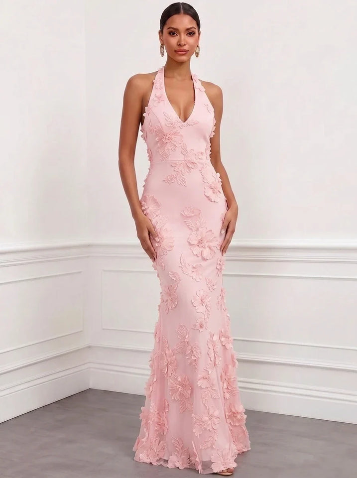 Mermaid Elegant Formal Dress Appliques Embroidery Halter Neck Sleeveless Floor-Length With Bowknot