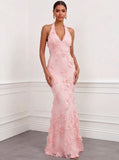 Mermaid Elegant Formal Dress Appliques Embroidery Halter Neck Sleeveless Floor-Length With Bowknot