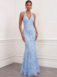 Mermaid Elegant Formal Dress Appliques Embroidery Halter Neck Sleeveless Floor-Length With Bowknot