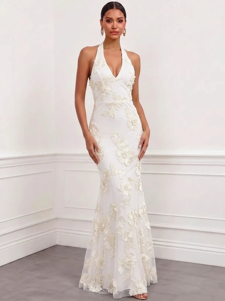 Mermaid Elegant Formal Dress Appliques Embroidery Halter Neck Sleeveless Floor-Length With Bowknot