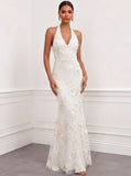 Mermaid Elegant Formal Dress Appliques Embroidery Halter Neck Sleeveless Floor-Length With Bowknot
