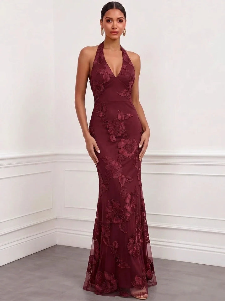 Mermaid Elegant Formal Dress Appliques Embroidery Halter Neck Sleeveless Floor-Length With Bowknot