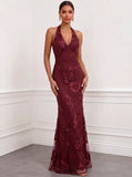 Mermaid Elegant Formal Dress Appliques Embroidery Halter Neck Sleeveless Floor-Length With Bowknot