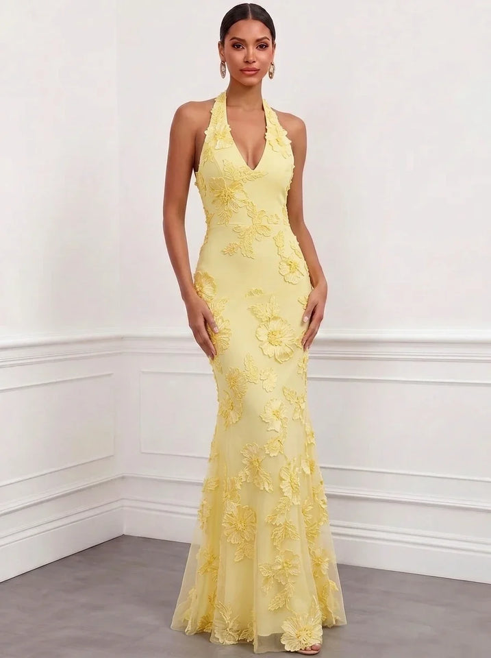 Mermaid Elegant Formal Dress Appliques Embroidery Halter Neck Sleeveless Floor-Length With Bowknot