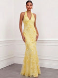 Mermaid Elegant Formal Dress Appliques Embroidery Halter Neck Sleeveless Floor-Length With Bowknot