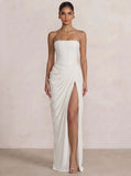 A-Line/Princess Prom Dresses Strapless  Floor-Length Side Split With Back Lace-Up Long Prom Dresses