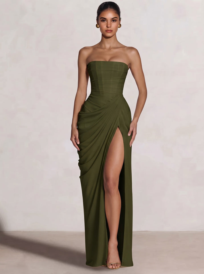 A-Line/Princess Prom Dresses Strapless  Floor-Length Side Split With Back Lace-Up Long Prom Dresses