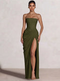 A-Line/Princess Prom Dresses Strapless  Floor-Length Side Split With Back Lace-Up Long Prom Dresses