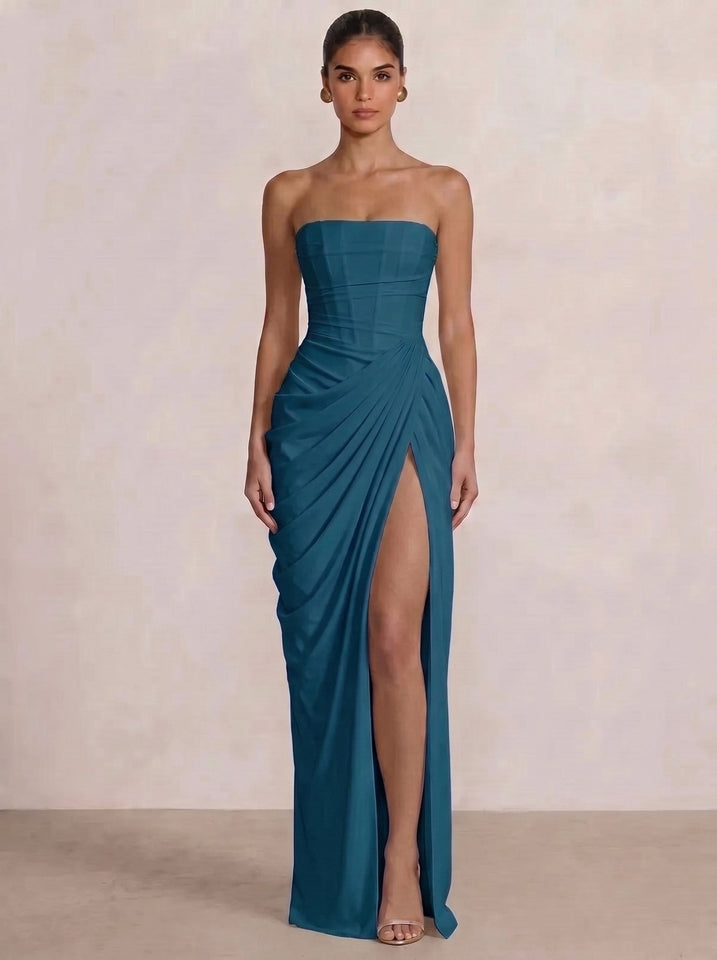 A-Line/Princess Prom Dresses Strapless  Floor-Length Side Split With Back Lace-Up Long Prom Dresses