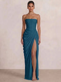 A-Line/Princess Prom Dresses Strapless  Floor-Length Side Split With Back Lace-Up Long Prom Dresses