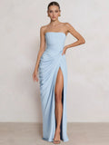 A-Line/Princess Prom Dresses Strapless  Floor-Length Side Split With Back Lace-Up Long Prom Dresses