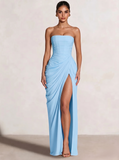 A-Line/Princess Prom Dresses Strapless  Floor-Length Side Split With Back Lace-Up Long Prom Dresses