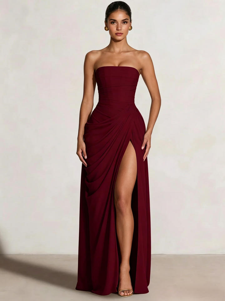 A-Line/Princess Prom Dresses Strapless  Floor-Length Side Split With Back Lace-Up Long Prom Dresses