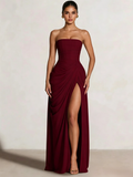 A-Line/Princess Prom Dresses Strapless  Floor-Length Side Split With Back Lace-Up Long Prom Dresses